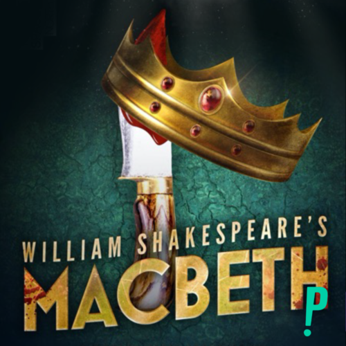 Text reads 'William Shakespeare's Macbeth' in gold on a green background with a bloody knife and gold crown above