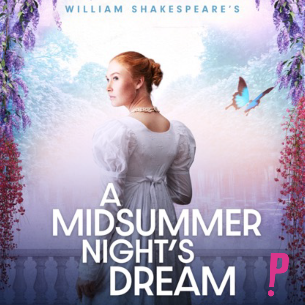 A woman with red hair with her back to the viewer in a white dress on a dreamy pastel background that suggests a balcony and trees. Text reads A Midsummer Night's Dream.