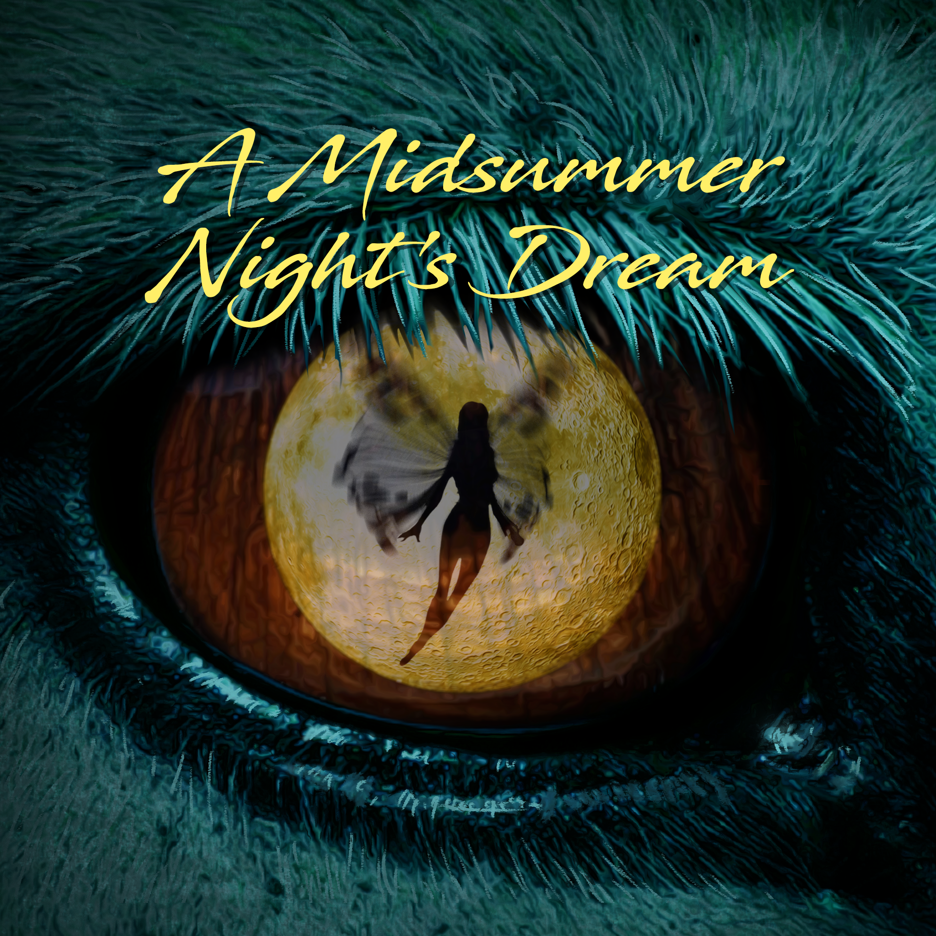 A Midsummer Night's Dream, cover art for Play On Podcast Production with a fairy's silhouette reflecting in an eye