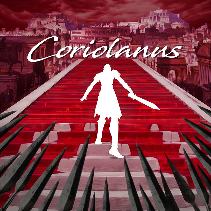 Coriolanus Podcast cover image. A pure white silhouette of a figure contrasted against bloody stairs and spear tips threaten the figure from the bottom of the image.