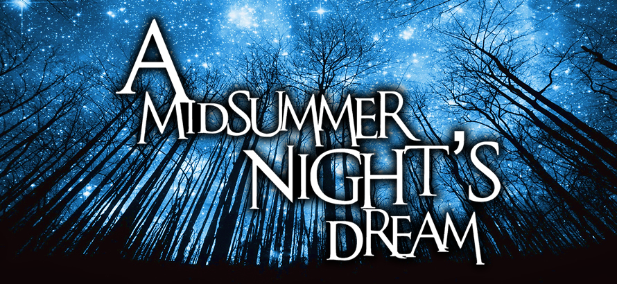 The text 'A Midsummer Night's Dream' over the view of a forest from the ground looking up at a starry sky and bare tree branches