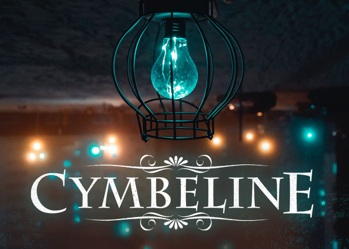 Title image for the Cymbeline production by Syracuse University. The name Cymbeline is in white serif text under a wire lantern with a blue light bulb and more blue and yellow glowing bulbs blurred in the background.