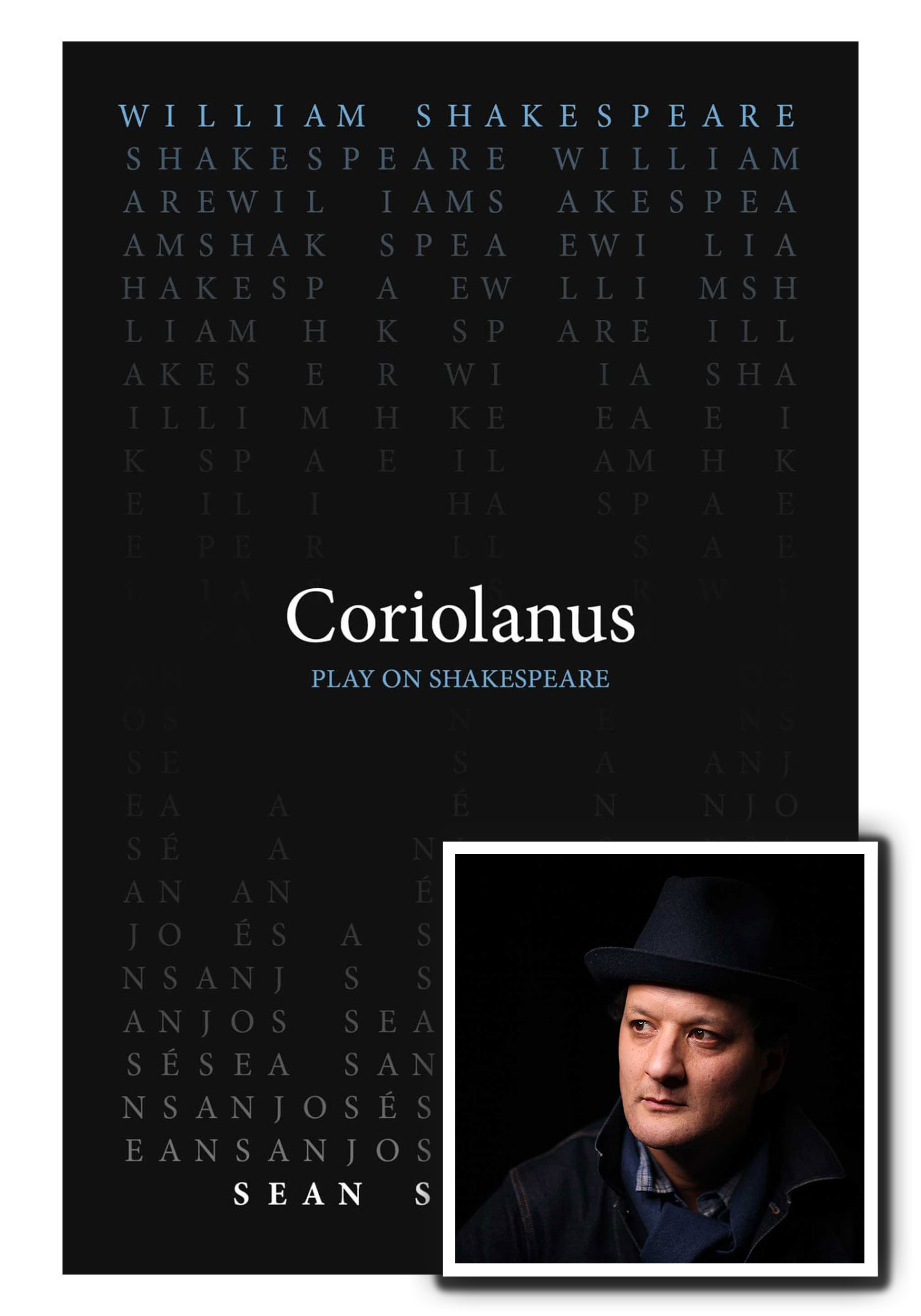 Cover of the Coriolanus script from ACMRS Press with an image of the author, Sean San Jose