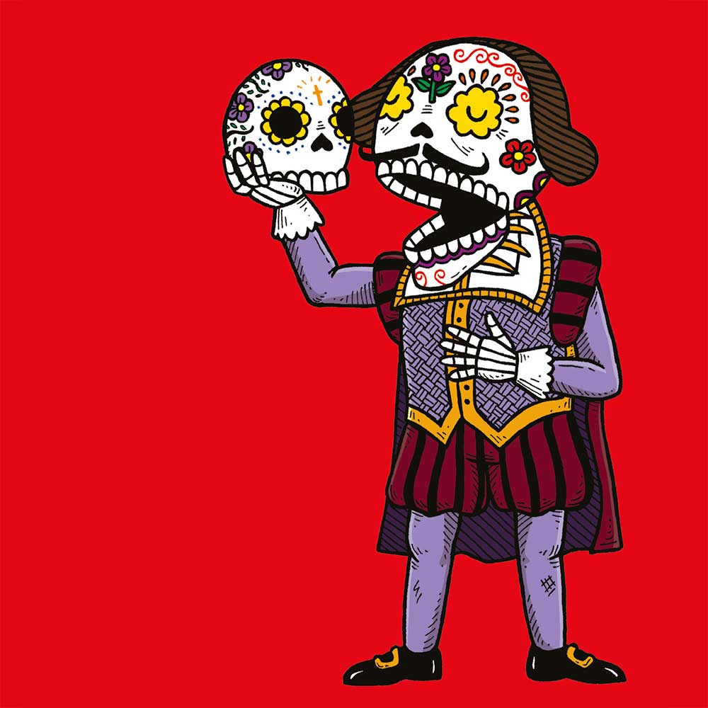 A cartoon rendition of Shakespeare in the visual style of Dia de los Muertos decorated skulls, holding up a similarly decorated skull.