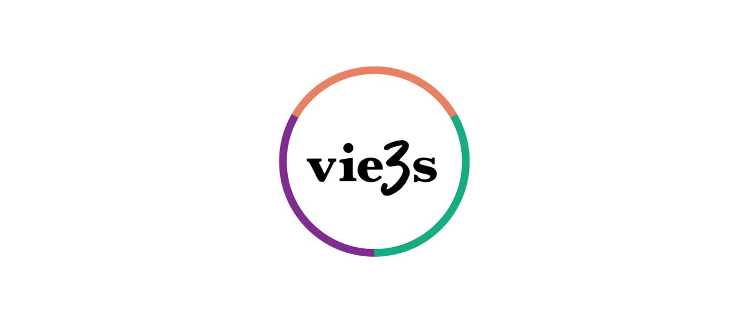 3 Views Theater logo. 'views' in lower case with the w replaced by a numeral 3. A ring equally divided into orange, green, and purple surrounds the letters.