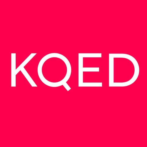 KQED logo. White sans-serif capital letters on a bright red background