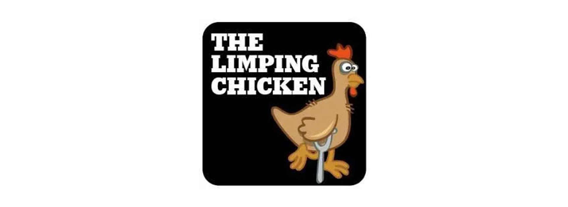 The Limping Chicken logo. A brown cartoon chicken with a crutch under one wing and standing on one leg.
