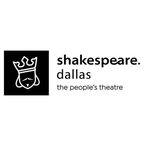 Shakespeare Dallas, The People's Theatre. A heavily stylized line drawing of William Shakespeare wearing a crown on a black background.