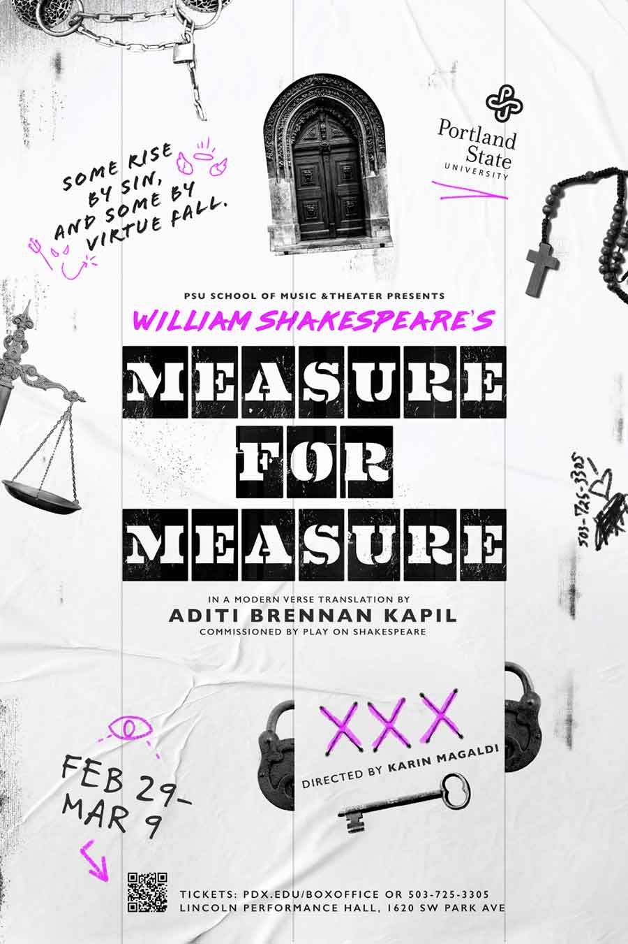 PSU School of Music & Theater presents: William Shakespeare's Measure for Measure in a modern verse translation by Aditi Brennan Kapil, commissioned by Play On Shakespeare. Directed by Karin Magaldi. Feb 29 - March 9. 