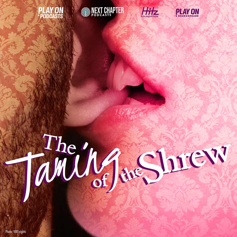 "The Taming of the Shrew" in a tilted mix of hand writing and serif font. The background is an extreme close up photo of a feminine mouth with lipstick gently biting the ear of a bearded person. Vintage damask pattern is overlaid on the entire image.