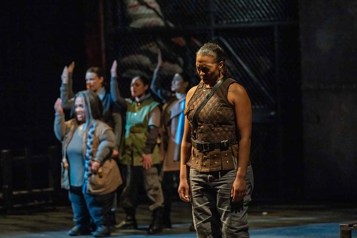 Cast of CORIOLANUS produced at Portland Center Stage in partnership with the Oregon Shakespeare Festival and in association with upstart crow collective and Play On Shakespeare. Spring 2024. Courtesy Portland Center Stage.
