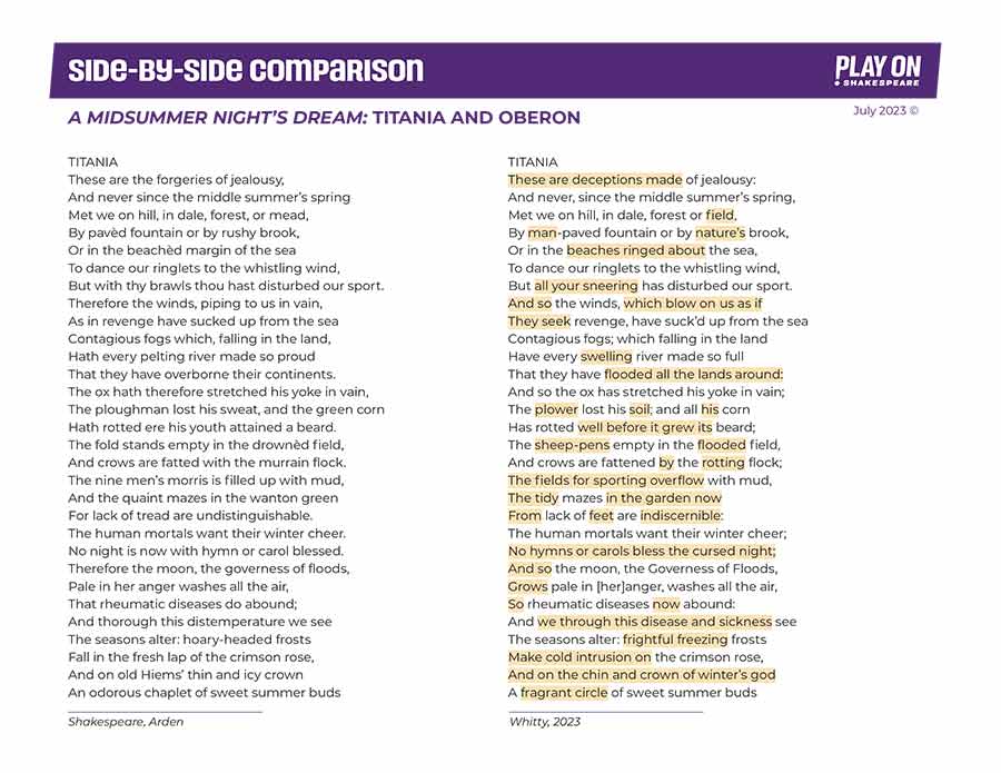 Two columns of text, one from Shakespeare's A MIDSUMMER NIGHT'S DREAM and the other from Jeff Whitty's translation of the same passage, the changed words highlighted in yellow.