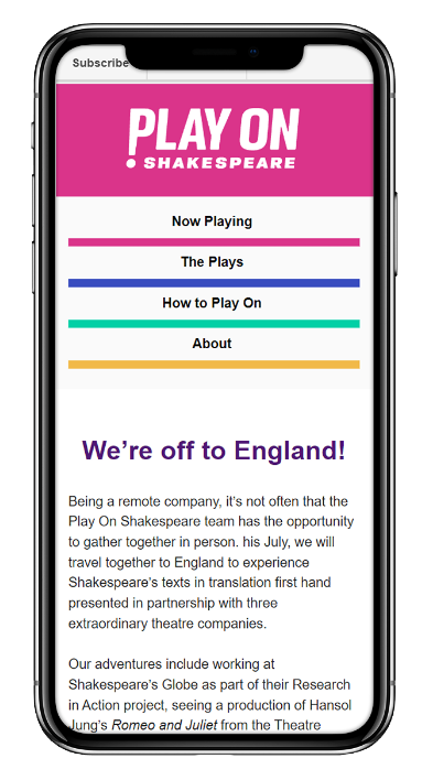 A smartphone displaying the mobile version of a Play On Shakespeare monthly newsletter. The title reads 'We're off to England!".