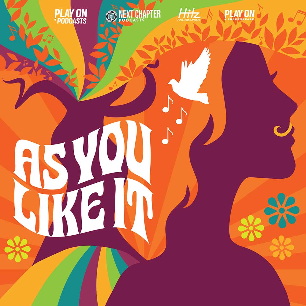 In the style of 70s psychedelic art, the wavy title As You Like It is superimposed over a stylized tree that has a limited rainbow for leaves and roots. The background orange color fades into the hair of a silhouetted profile that has a mustache.