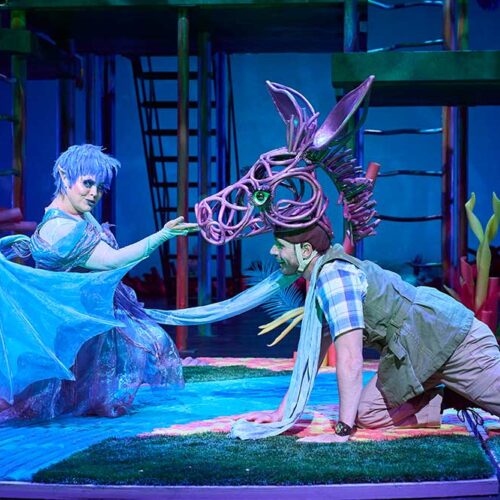 Titania (actor, Jessie Cope Miller*) is charmed by the newly transformed Bottom (actor, Nick Steen*) in the Great Lakes Theater production of A Midsummer Night’s Dream at the Hanna Theatre, Playhouse Square, running through October 27. Also featured Zoë Lewis-McLean.(Photo by Roger Mastroianni)