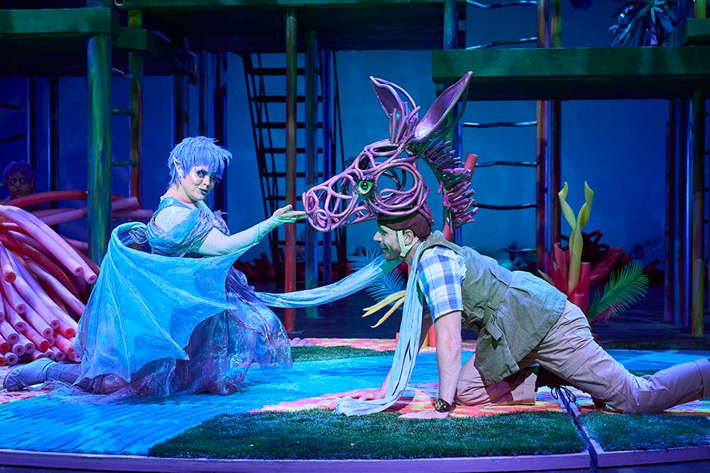 Titania (actor, Jessie Cope Miller*) is charmed by the newly transformed Bottom (actor, Nick Steen*) in the Great Lakes Theater production of A Midsummer Night’s Dream at the Hanna Theatre, Playhouse Square, running through October 27. Also featured Zoë Lewis-McLean.(Photo by Roger Mastroianni)