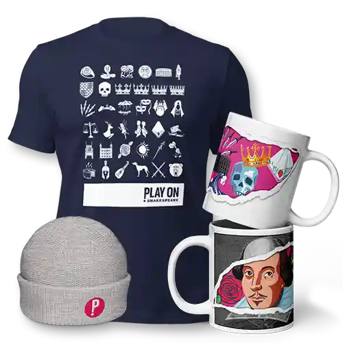 Merchandise with Play On Shakespeare original designs, including a navy shirt with play icons, a mug revealing Shakespeare's face in color, and a fisherman's beanie with the Play On Shakespeare logo