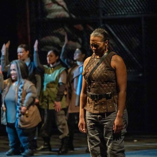 Cast of CORIOLANUS produced at Portland Center Stage in partnership with the Oregon Shakespeare Festival and in association with upstart crow collective and Play On Shakespeare. Spring 2024. Courtesy Portland Center Stage.