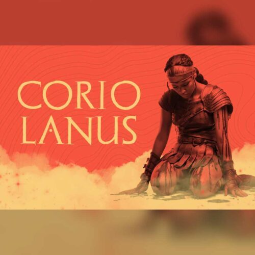 "Coriolanus" in a classic Roman-esque font, yellow on a red background. The bloodied figure of a Roman soldier kneels on the ground, exhausted and looking down.