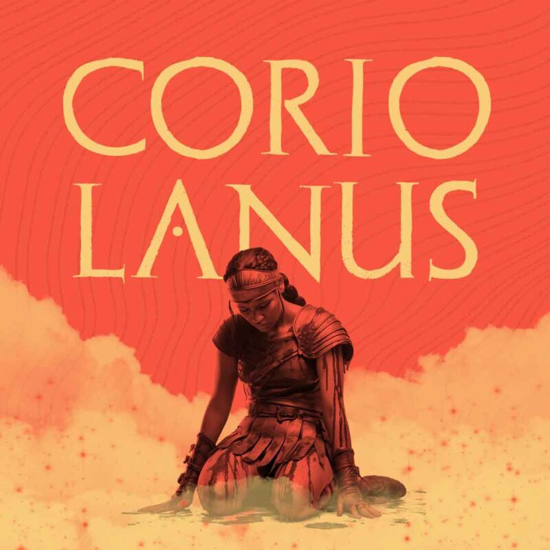 "Coriolanus" in a classic Roman-esque font, yellow on a red background. The bloodied figure of a Roman soldier kneels on the ground, exhausted and looking down.