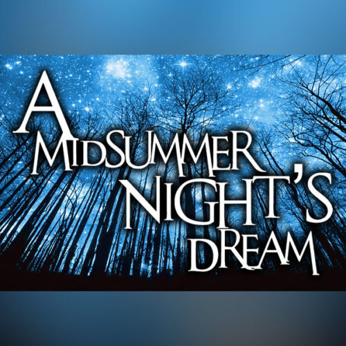 The text 'A Midsummer Night's Dream' over the view of a forest from the ground looking up at a starry sky and bare tree branches