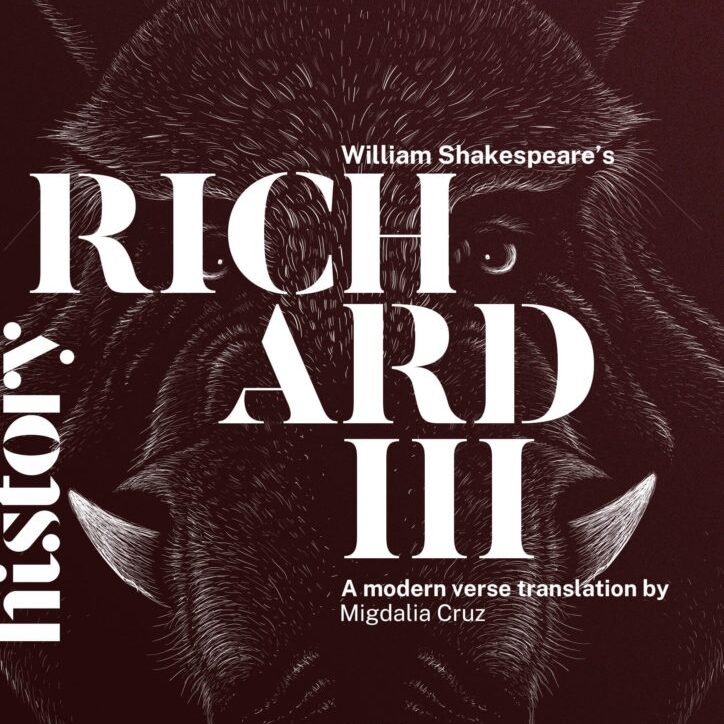 Richard III in white on a brown background with a boar's face in the background
