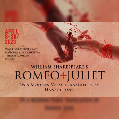 Romeo + Juliet presented by Two River Theater. Two hands are shown with red string tied around both wrists, linking them together with blood splatter overlaying both hands