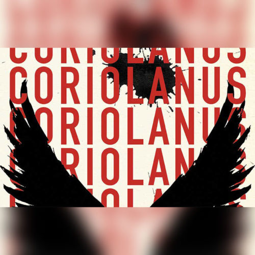 Coriolanus repeated in red on a cream background with a suggestion of black bird wings emerging from the bottom
